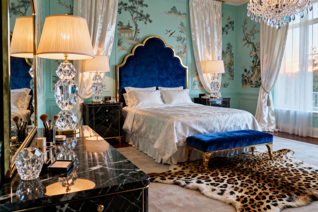 A glamorous bedroom with a scalloped royal-blue velvet headboard framed in gold against mint chinoiserie walls. Black marble nightstands with brass trim flank the bed, each topped with a faceted crystal lamp and pleated shade. A crystal chandelier hangs above. Ivory silk drapery and sheer curtains frame tall windows. A blue velvet bench sits at the foot of the bed, and a leopard-print hide rug layers over a pale carpet beside a mirrored dresser.