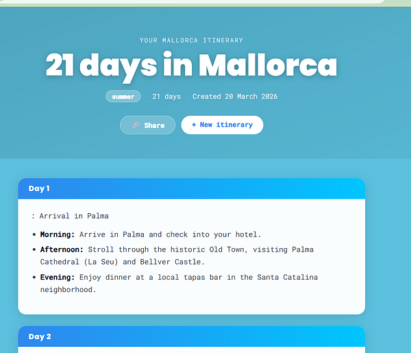 A multi-page itinerary spread across two devices, showing different event activities for a travel generation.