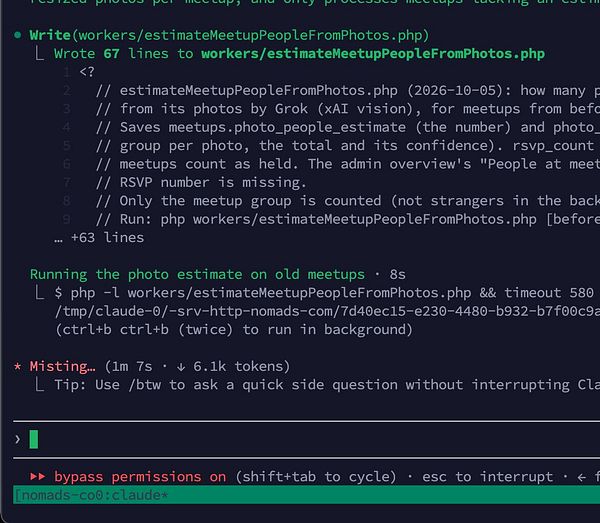 Terminal screen displaying PHP script execution for estimating meetup attendance from photos.