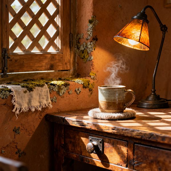 Close-up of a rustic home office desk in warm afternoon light: a weathered wooden desk with iron hardware sits beneath a wooden lattice window casting crisscross shadows. An amber mica-shaded desk lamp glows beside a steaming stoneware mug on a felted coaster. The terracotta earthen plaster wall and windowsill show patches of moss and lichen, with a fringed linen cloth draped over the sill.