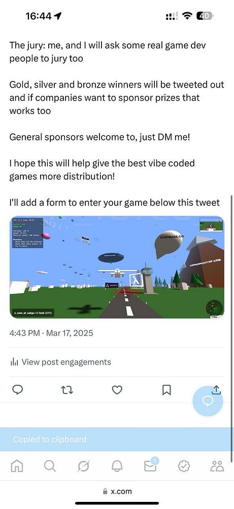A social media post announcing the organization of the 2025 Vibe Coding Game Jam.