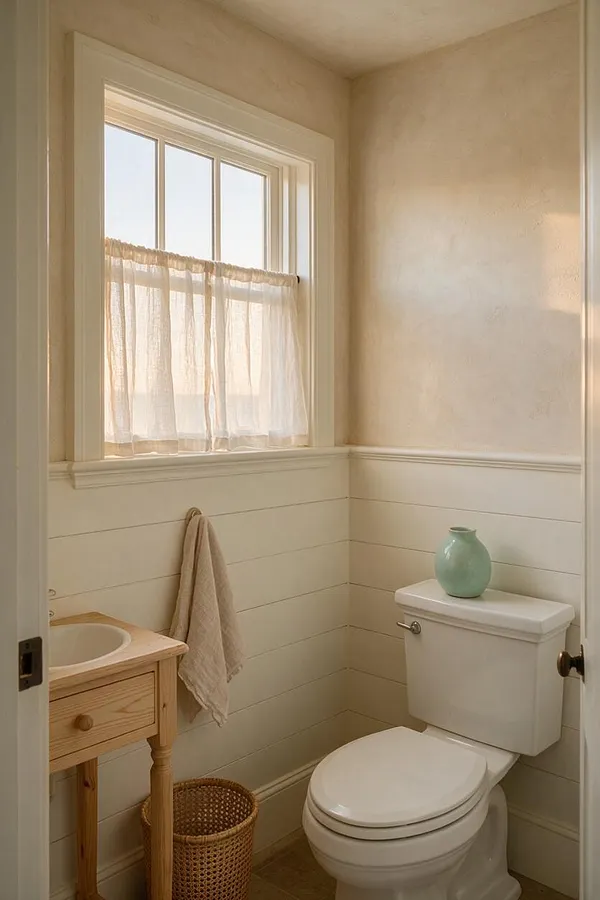 A small coastal-style powder room with a compact wood vanity and round sink on the left, a white toilet on the right, and a mint-green vase on the tank. The room features cream walls, white beadboard-style wainscoting, a sheer cafe curtain over a window, and woven basket storage for a relaxed, airy feel.