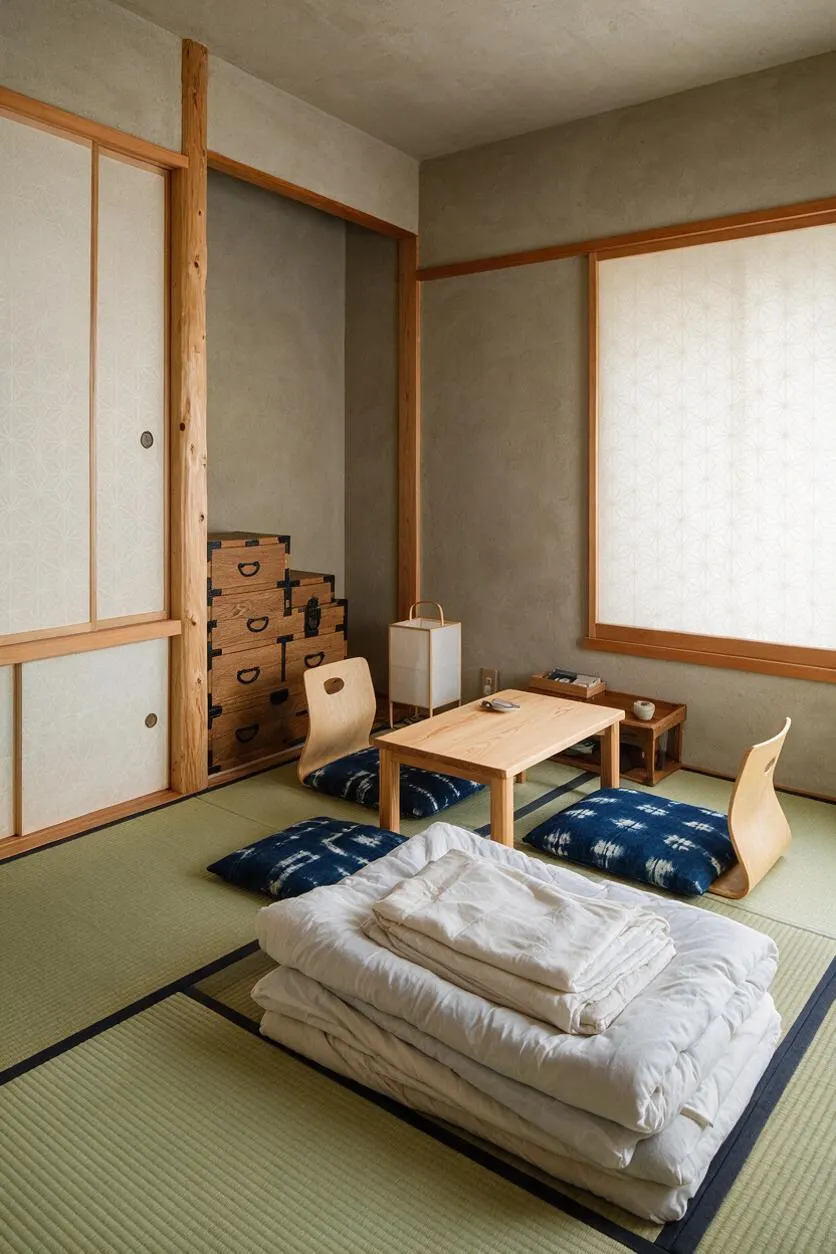 A Japanese Zen master bedroom with tatami mat flooring, a low wooden table, floor cushions, and folded bedding stacked neatly in the foreground. The room features sliding shoji-style doors, natural wood trim and posts, muted beige walls, and soft daylight filtering through large paper-like window panels.