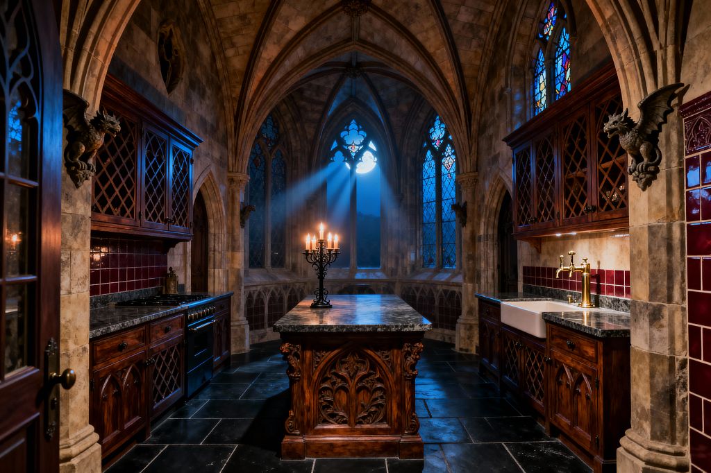 A Gothic kitchen within a stone-vaulted room features pointed arches and leaded stained-glass windows, with blue moonlight streaming in. A carved dark-wood island with a dark stone top holds a lit candelabra; around it are richly detailed cabinets with lattice and tracery doors, burgundy tile backsplashes, a black range, a white apron-front sink with a brass faucet, gargoyle corbels on the walls, and black slate floors.