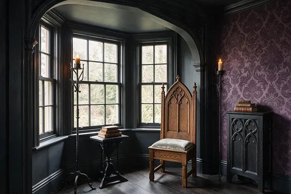 A dramatic Gothic-style sunroom with dark paneled walls, tall mullioned windows, and a carved wooden high-back chair. Purple damask wallpaper, candle sconces, a slender side table with stacked books, and a black cabinet create a moody, historic atmosphere.