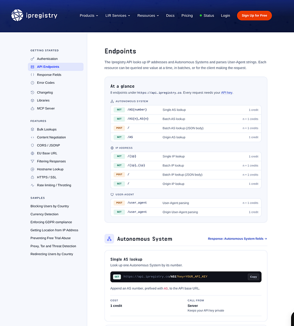 Webpage screenshot of Ipregistry API documentation explaining various API endpoints for Autonomous System, IP Address, and User-Agent lookups, with details on HTTP methods, URL paths, and credit costs.