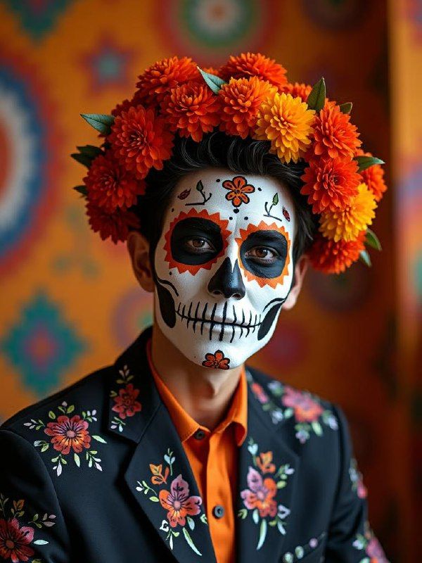 A young man dressed in traditional Day of the Dead attire with elaborate face paint and a floral crown.