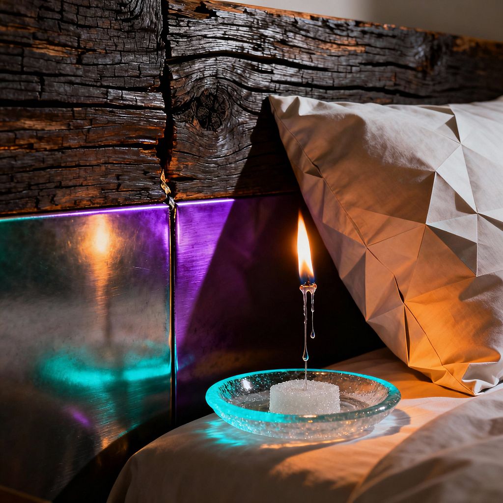 Close-up of a bed corner featuring a charred, deeply grained wood headboard above brushed, iridescent metal panels reflecting teal and violet light. A faceted, origami-style white pillow rests on crisp bedding, while a clear glass dish on the mattress holds a sugar cube pierced by a slender candle, its warm flame dripping wax and casting amber, purple, and aqua reflections across the metal and textiles.