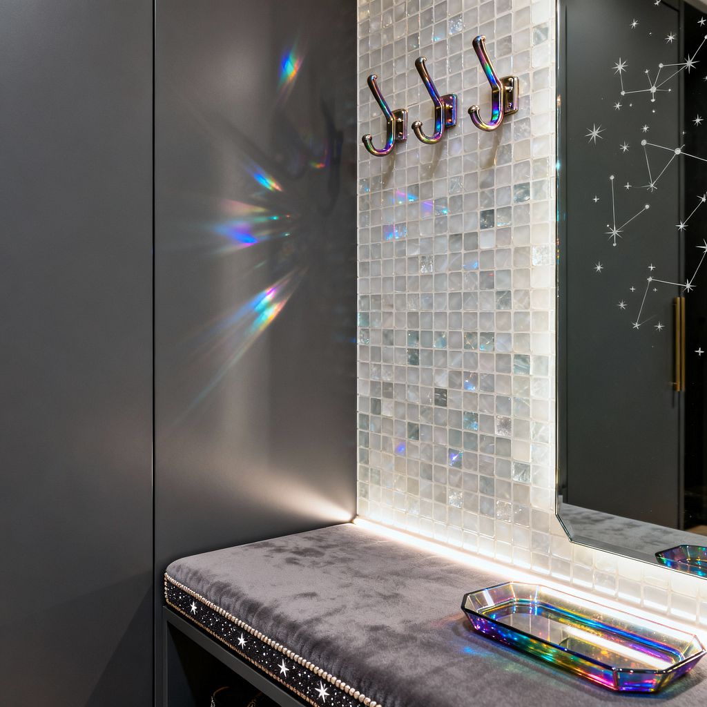 Close-up of a Cosmic Chic mudroom nook with matte charcoal cabinetry, a gray velvet bench seat edged with star studs and nailhead trim, and a wall of pearlescent glass mosaic illuminated by a concealed LED strip. Three iridescent metal hooks sit beside a beveled mirror with constellation graphics, while a rainbow-glass tray rests on the bench and light casts prismatic reflections.