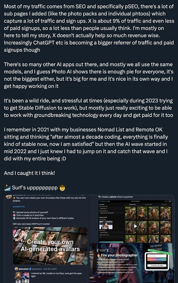 The image features a social media post discussing the success of a photo AI project and its impact on traffic and signups.