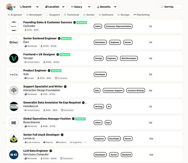 The image displays a job listing interface with various remote job opportunities across different roles and companies.