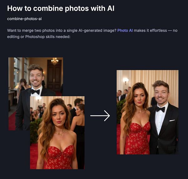 The image illustrates a tutorial on merging two photos into one using AI technology.