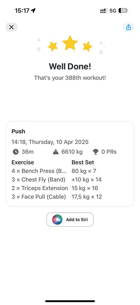 The image displays a workout summary from a fitness app, highlighting the user's achievements.