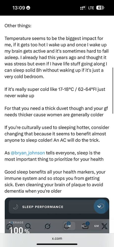 The image features a screenshot of a social media post discussing sleep tips and the importance of temperature for better sleep.