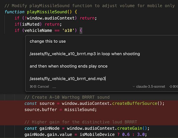 The image displays a code snippet for modifying sound functions related to the A-10 Warthog in a programming environment.