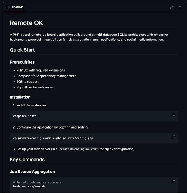 The image displays a README.md file for a PHP-based remote job board application called Remote OK.
