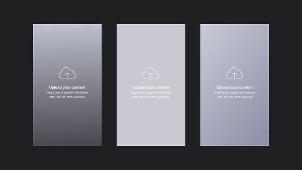 Three mockup placeholders for content upload are displayed side by side.