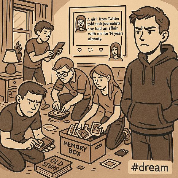 A group of people rummages through a memory box in a living room while one person looks on disapprovingly.