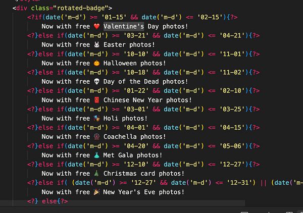 The image displays a code snippet for a dynamic holiday photo feature based on the current date.