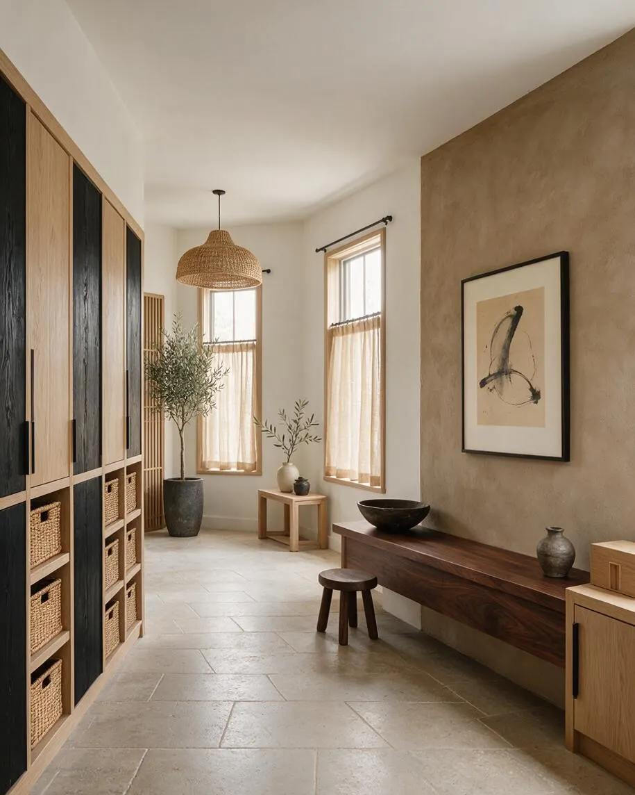 A calm mudroom with tall oak storage cabinets on the left, some fronted by dark panels and open cubbies filled with woven baskets. On the right, a long dark wood bench sits against a textured taupe wall with abstract art above it. The room has stone tile flooring, sheer beige curtains over narrow windows, a woven pendant light, and a few simple potted plants and pottery accents.
