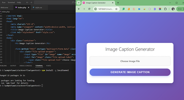 A web application interface for generating image captions is displayed alongside code in a text editor.