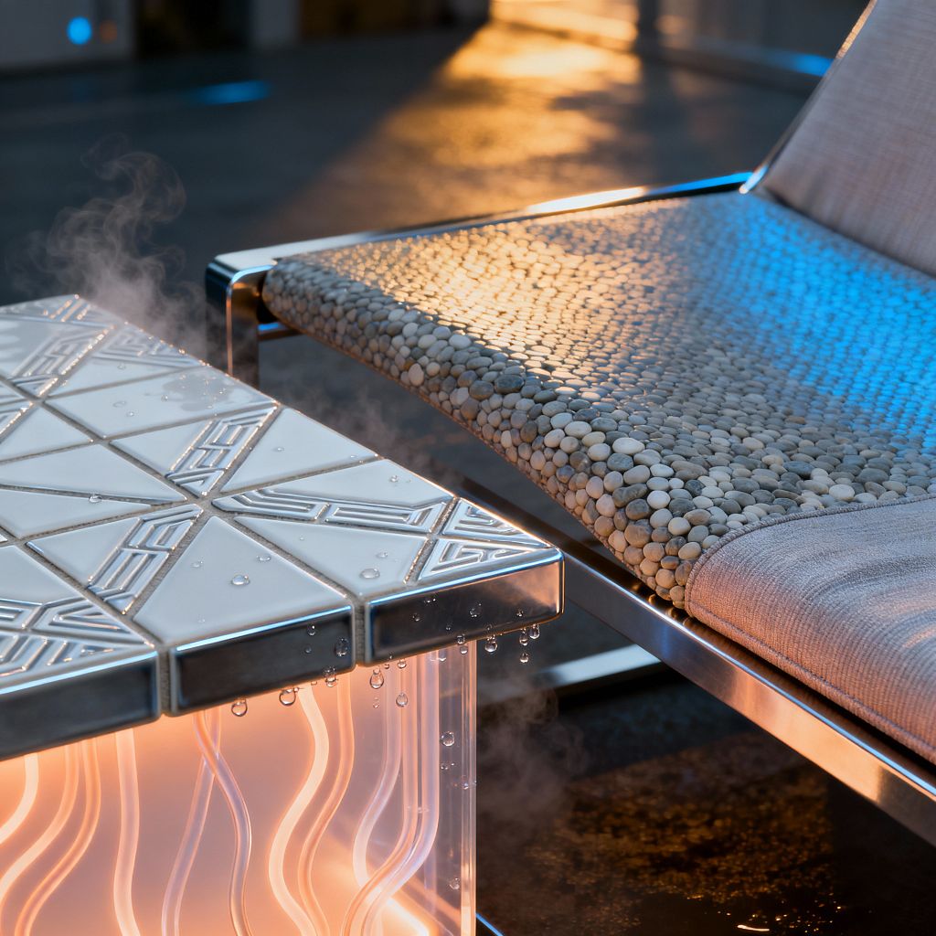 Close-up of a futuristic outdoor lounge features a stainless-steel framed chaise with a seat made of smooth river-pebble mosaic and a light gray fabric headrest. Beside it is a cube side table topped with embossed white ceramic tiles and a frosted acrylic base glowing with wavy amber LED light; droplets and faint steam highlight the edges and wet concrete floor while cool blue reflections wash across the chair, suggesting a spa-like setting at dusk.