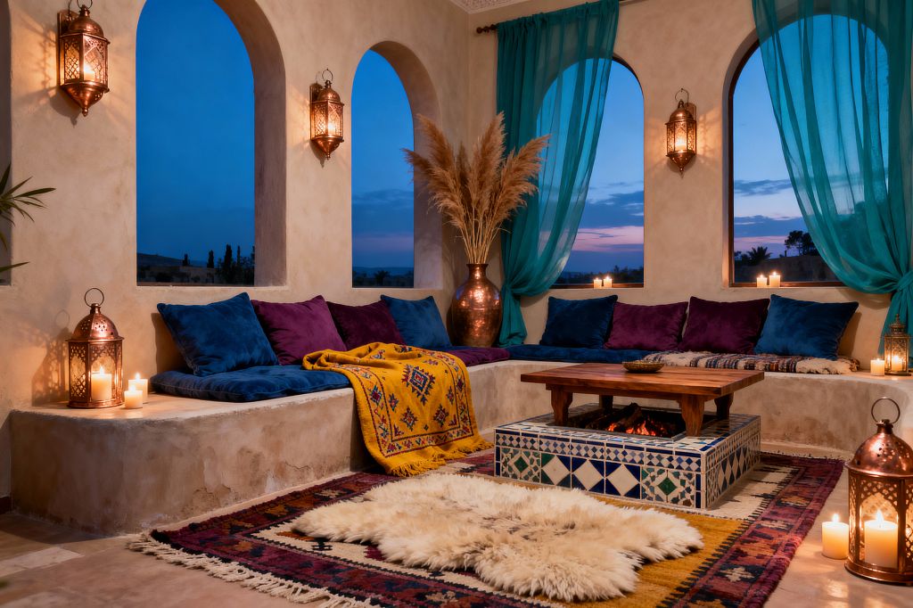 A Bohemian living room with arched windows and sand-colored plaster benches is layered with jewel-tone velvet cushions in blue and plum, plus a mustard patterned throw. A geometric ceramic-tiled hearth and low wooden coffee table rest on stacked kilim rugs with a cream sheepskin; teal drapes frame the view while copper Moroccan lanterns, scattered candles, and a large hammered copper vase of pampas grass cast warm, ambient light at dusk.