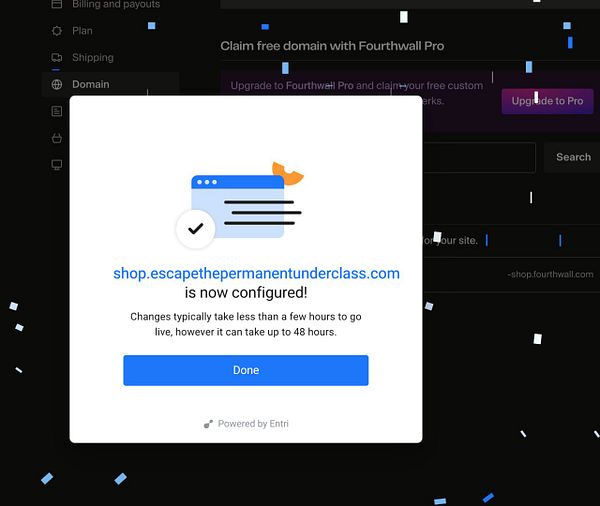 Screenshot of the Fourthwall page editing interface with a placeholder image and text content.