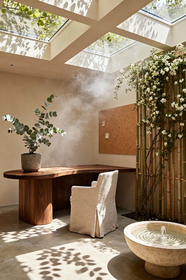 A serene home office features large grid skylights that cast leaf-shaped shadows across warm plaster walls and a concrete floor. A sculpted walnut desk with a concrete pot of eucalyptus pairs with a slipcovered linen chair; to the right, a bamboo screen supports a white-flowering vine, and a shallow limestone bowl fountain ripples on the floor beside a wall-mounted cork pinboard as a gentle mist drifts through the space.