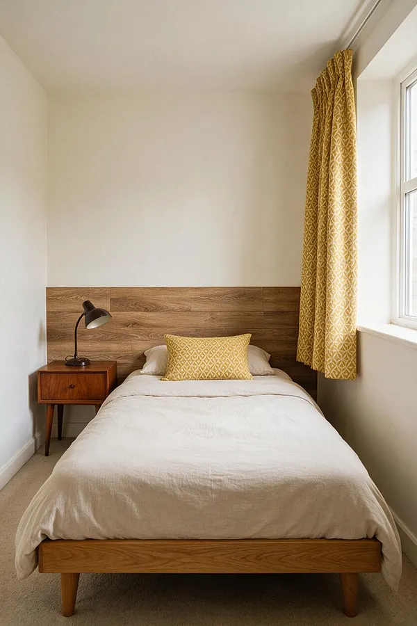 A compact guest bedroom styled in mid-century modern design with a low wooden bed, white bedding, and a mustard patterned cushion. A matching wooden nightstand with a dark desk lamp sits beside the bed, while mustard patterned curtains frame a bright window on the right.