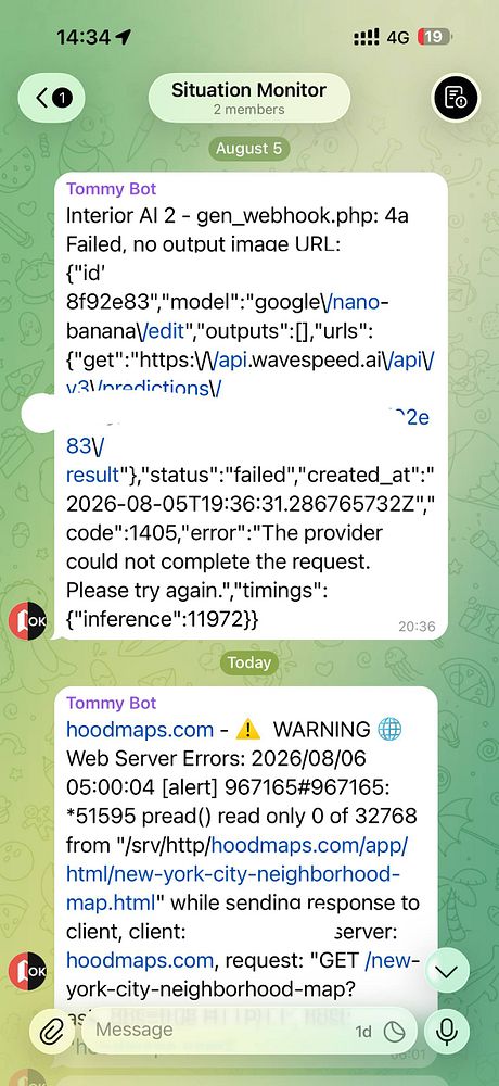 Screenshot of a Telegram chat displaying a record low error message frequency in the last 24 hours related to a site monitoring system.