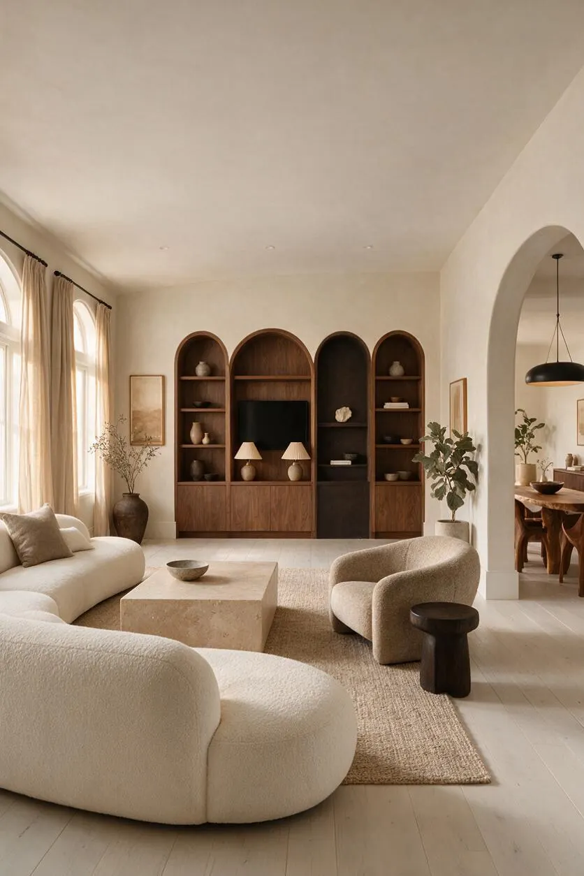 A warm organic modern basement lounge with a curved cream sofa, textured beige chair, stone coffee table, and a woven rug on light wood floors. Behind the seating, a walnut arched media wall with built-in shelves adds sculptural depth, while soft drapery, neutral walls, and an arched opening to the dining area create a calm, inviting atmosphere.