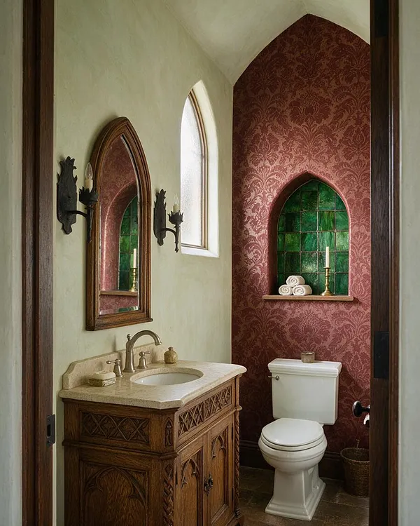 A narrow powder room in Gothic style with a carved wood vanity, cream stone countertop, arched mirror, and black wall sconces. The back wall features deep red damask wallpaper and a pointed-arch stained-glass niche in green, with a white toilet below and a candle on the shelf.