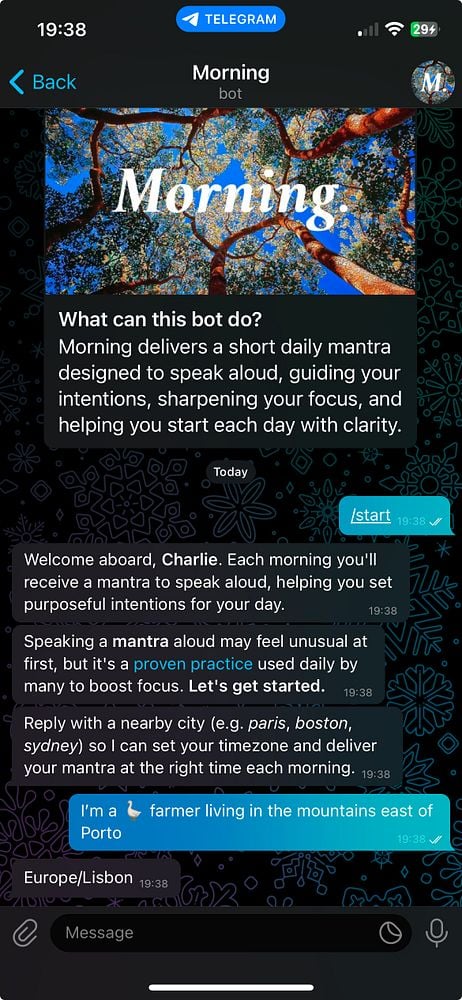 A Telegram chat interface displaying a morning mantra bot conversation.