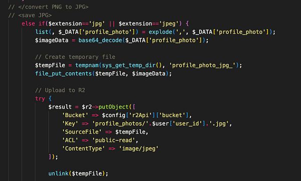 The image displays a code snippet for uploading a profile photo to R2 storage.