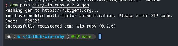 Screenshot of a GitHub repository page for the 'wip-ruby' gem showing file and folder structure, commit info, and gemspec content.