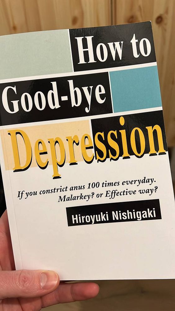 A person is holding a book titled 'How to Good-bye Depression' by Hiroyuki Nishigaki.