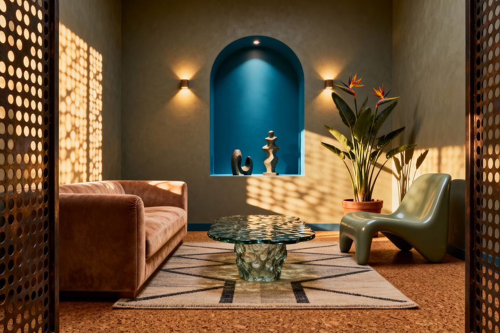Sunlit contemporary living room with a camel velvet sofa on the left, a sage green molded lounge chair on the right, and a rippled glass coffee table centered on a geometric cream rug. Warm taupe plaster walls feature a deep teal arched niche with two abstract stone sculptures, lit by a downlight and flanked by wall sconces. A bird-of-paradise in a terracotta pot sits nearby. Cork flooring and perforated metal screens cast patterned light across the space.