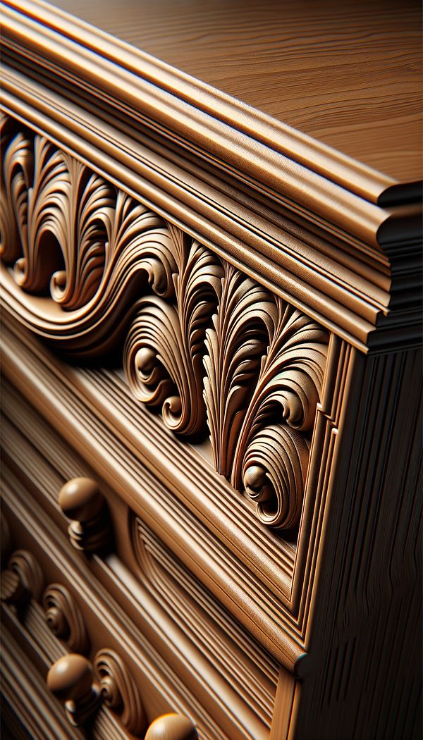 A close-up of a wooden cabinet drawer adorned with cockbeading. The detailed moulding catches the light, highlighting its profile against the darker wood of the drawer front.