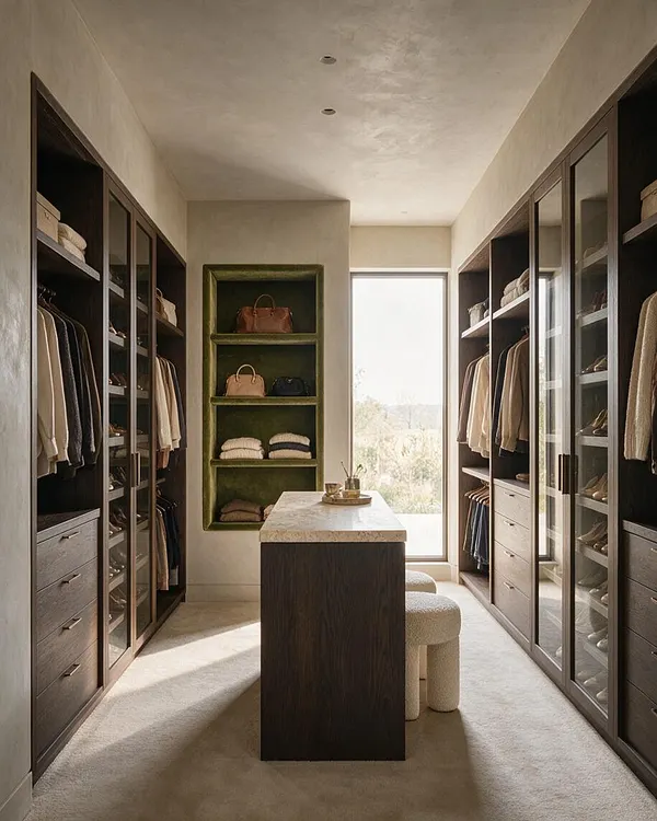 A modern walk-in closet with dark wood cabinetry lining both sides, glass-front wardrobe sections, open shelving, and drawers. A central island with a light stone top sits on a soft neutral carpet, while a green velvet-lined niche on the back wall displays handbags and folded clothes beside a tall window with natural light.