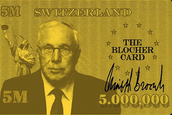 The image features a stylized representation of a currency note labeled as 'The Blocher Card'.