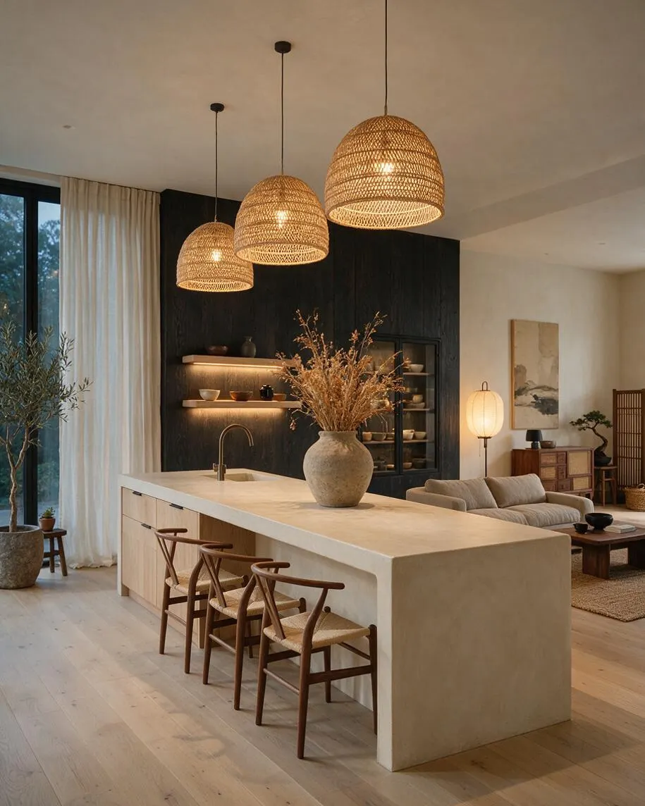 A serene Japandi kitchen with a large sculptural plaster island, three woven pendant lights, and simple wooden bar stools. A black feature wall with open shelves and soft warm lighting contrasts with light oak floors, neutral curtains, and a calm adjoining living area.
