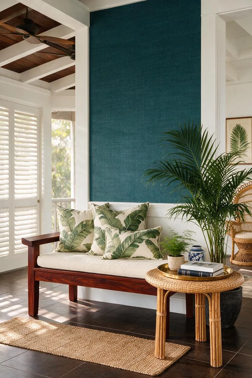 A tropical front porch with a dark wood bench and cream cushion, layered with green palm-print pillows. A teal textured wall panel rises behind it, while a rattan side table, woven rug, potted palms, and white shutters create a bright, airy, resort-like feel.