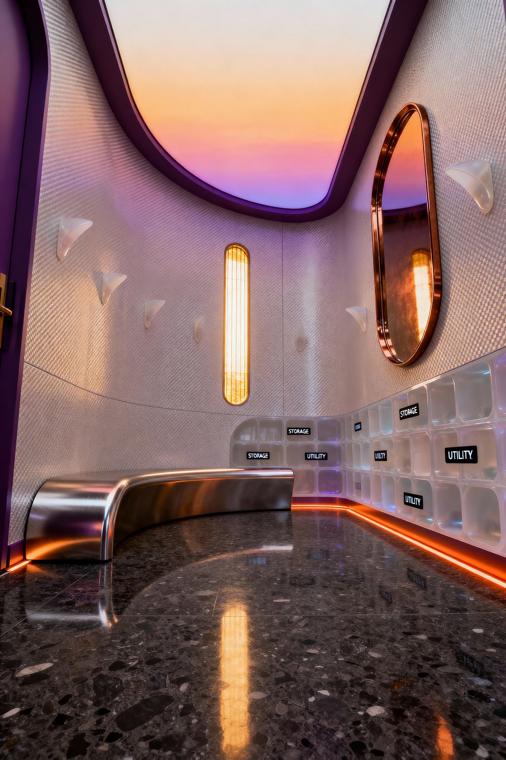 A futuristic mudroom features curved, textured white walls with deep purple trim and a large backlit ceiling panel that shifts from orange to violet. A brushed stainless-steel bench arcs along the wall above a polished black terrazzo floor, while translucent modular cubbies labeled "STORAGE" and "UTILITY," a pill-shaped rose-gold framed mirror, a vertical ribbed light, sculptural white hooks, and orange LED base lighting create a sleek, high-tech entry.