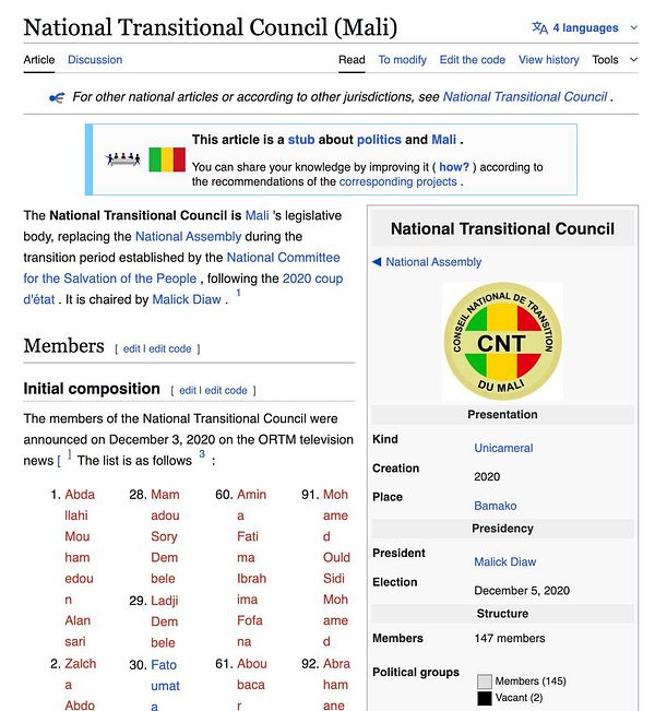 The image displays a Wikipedia page for the National Transitional Council of Mali.