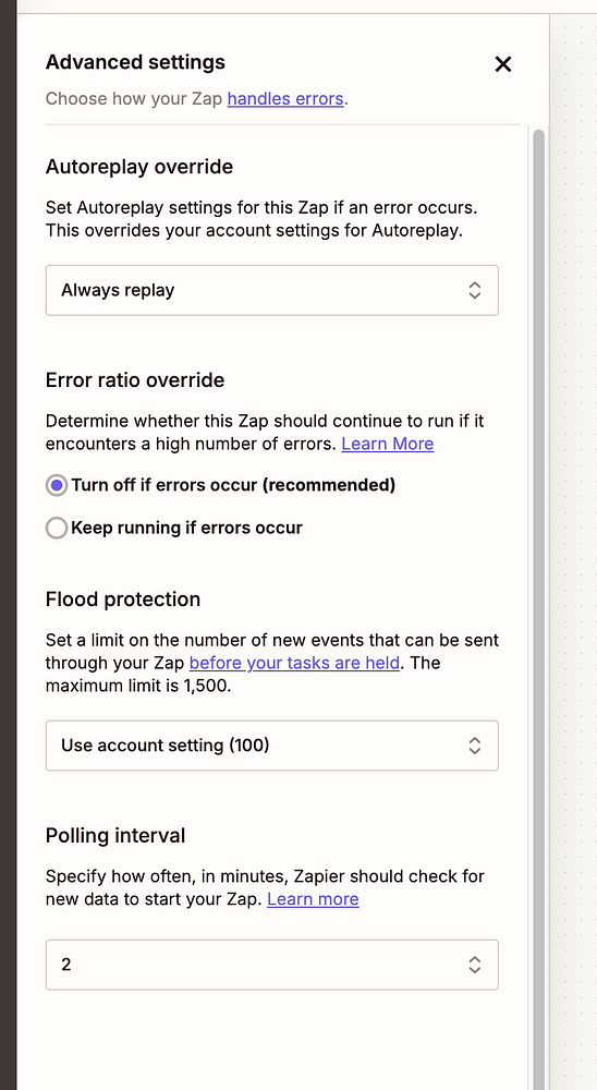 The image displays the advanced settings interface for configuring error handling in a Zap on Zapier.