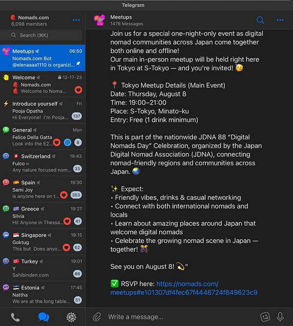 The image displays a Telegram chat announcing a meetup for digital nomads in Tokyo.