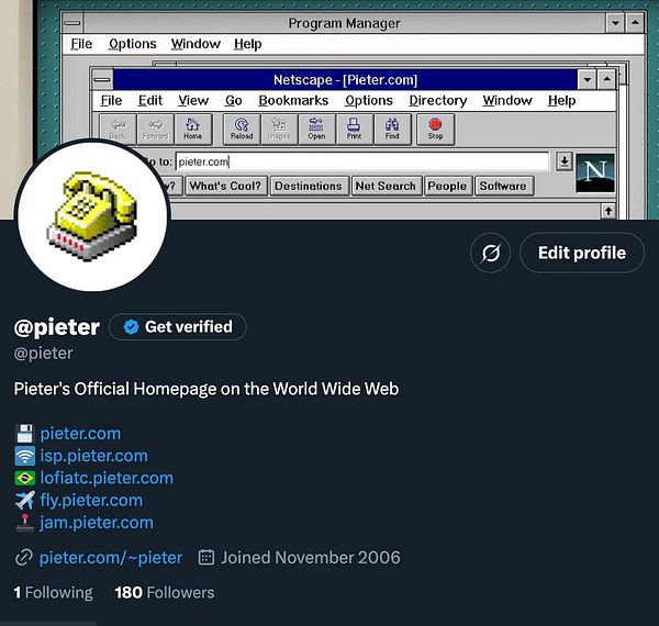 The image displays a Twitter profile for a user named Pieter, featuring a retro web browser interface in the background.