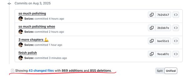 The image displays a GitHub commit history for a project on August 3, 2025.