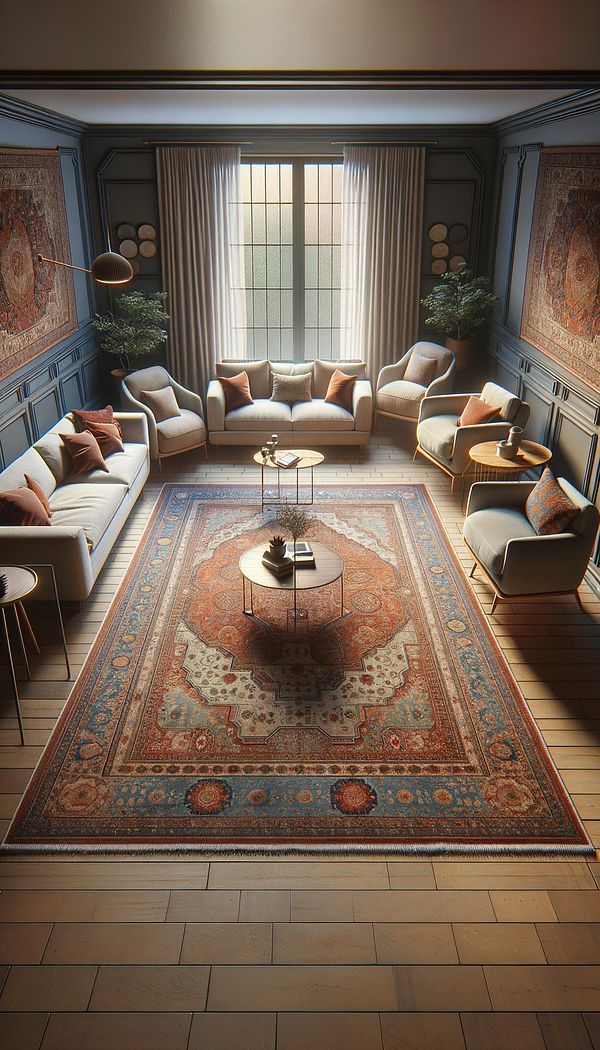 A cozy living room featuring an intricate Oriental rug as the centerpiece, with furniture arranged around it, showcasing how it ties the room together.